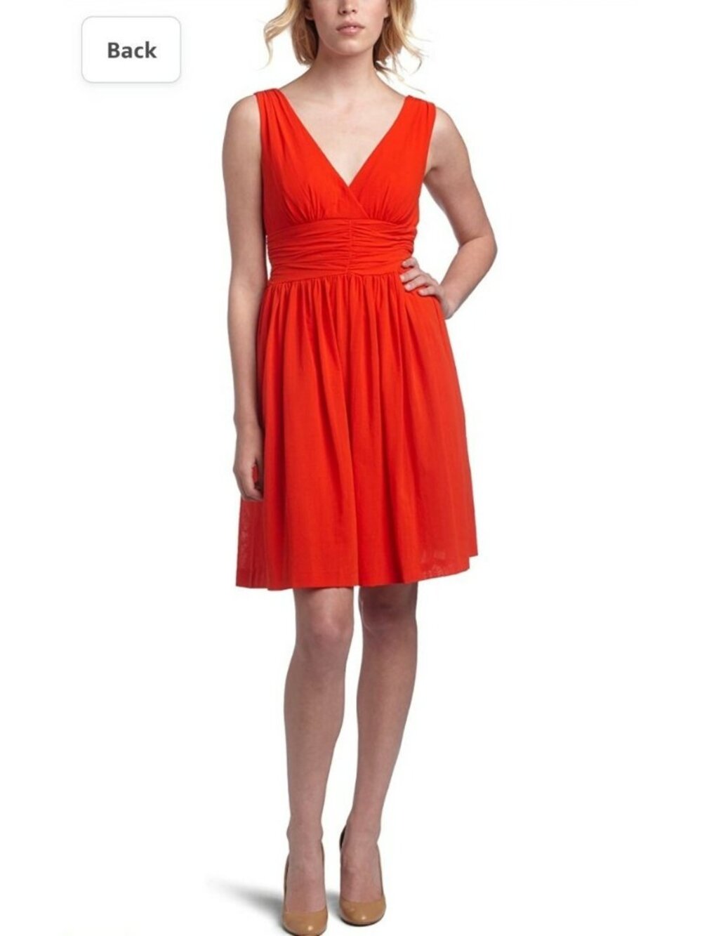 Trina Turk Red Coral Reina Dress Ruched Waist Cotton Sleeveless Fit Flare sz 8